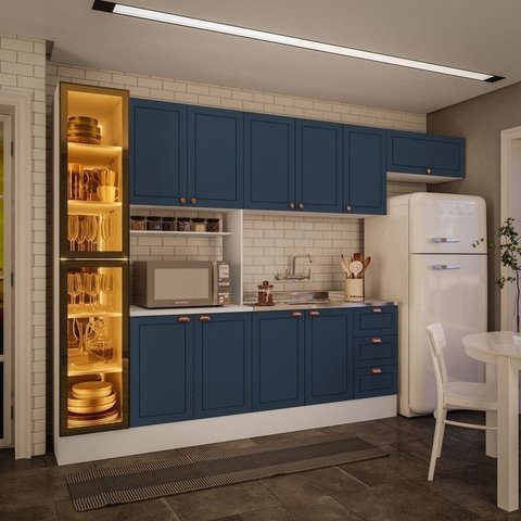 Cozinha Pérola com Rodapé e Cristaleira com LED 5 Peças 320 cm Yescasa Azul