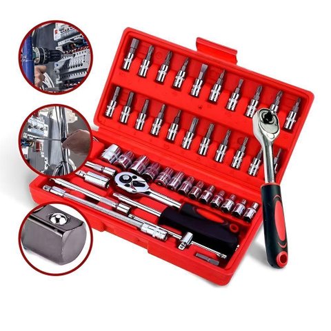 Kit Chaves Soquete Catraca Reversível 46 Peças Multiuso Profissional Maleta Chaves e Bits Aço Cor