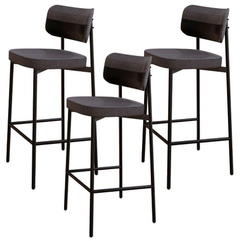 Kit 03 Banquetas Alta Bar Cozinha Sala de Jantar Aço Preto Kaira C01 Linho Preto Courino Preto -
