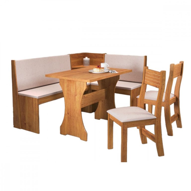 Mesa com Banco Canto Estofado e 2 Cadeiras Golden Mel Tecido Linho Amendoa Viero Mesa com Banco Canto Estofado e 2 Cadeiras Golden Mel Tecido Linho Amendoa Viero