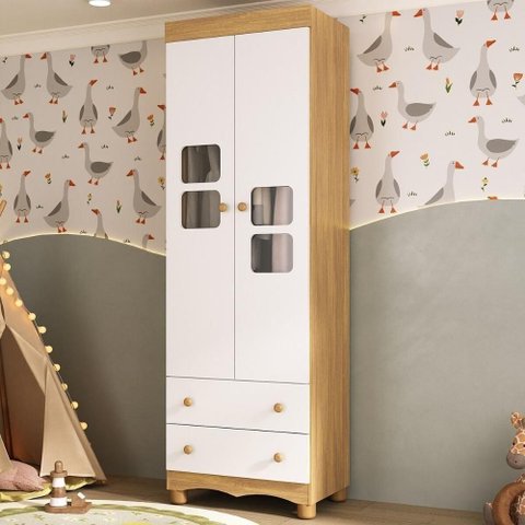 Guarda-roupa Infantil 62cm 2 Portas com Vidro e 2 Gavetas Luna Multimóveis Mp4411 Madeirado/branco