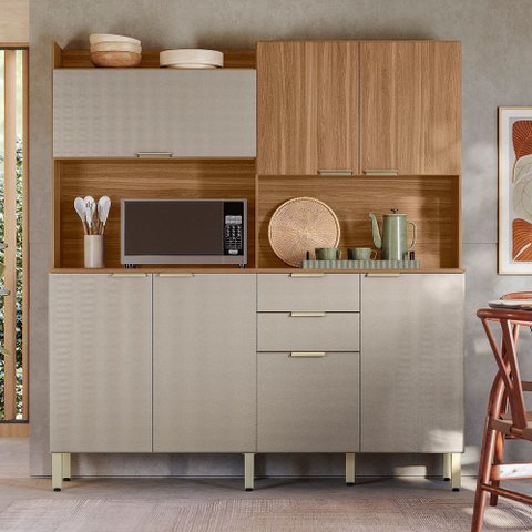 Cozinha Compacta Pitaya 7 Portas 2 Gavetas e Pés Reguláveis - Amêndola Touch/ Nude Prime Tx Demobile