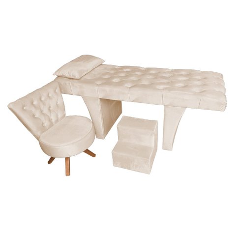 Kit Maca Estética Reta Capitonê com Mocho e Escadinha 80 Cm Preto Slk Decor Bege