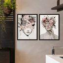 Ver imagem 1 de Kit 2 Quadros 50x70cm Decorativos Sala Mulher Flores Surreal Moldura Preta - Hugart