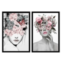 Ver imagem 3 de Kit 2 Quadros 50x70cm Decorativos Sala Mulher Flores Surreal Moldura Preta - Hugart