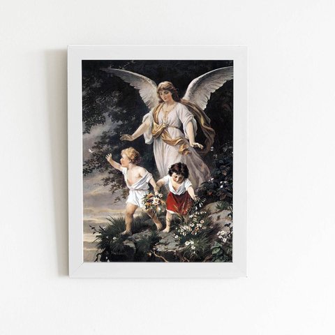 Quadro Anjo da Guarda Arte Religião Moldura Branca 60x40cm