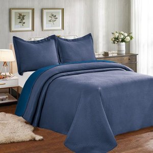 Colcha Cobre Leito King Poliéster Dupla Face 3pcs Azul