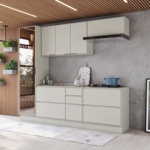 Cozinha Compacta 5 Peças 100% MDF com Cristaleira Fineze Areia