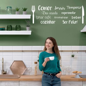 Adesivo de Parede Palavras Cozinha Comer Dar Risada Garfo Faca Horizontal Kanto Store Branco