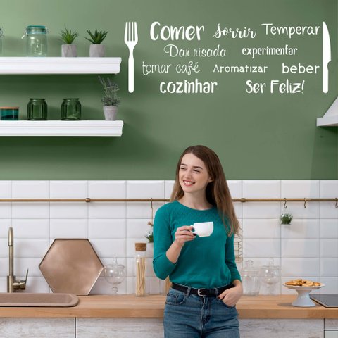 Adesivo de Parede Palavras Cozinha Comer Dar Risada Garfo Faca Horizontal Kanto Store Branco