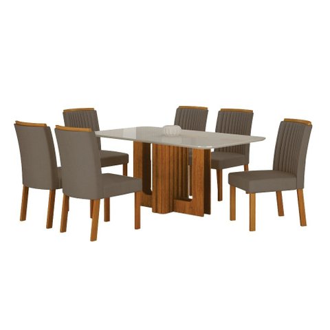 Conjunto Sala de Jantar Sofia 1,60m Tampo Vidro Off com 6 Cadeiras Jade Cinamomo/Joli Camurça