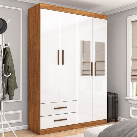 Guarda-roupa Solteiro Solo 4 Portas 2 Gavetas com Espelho Cinamomo/branco - Pnr Móveis