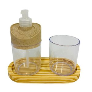 Kit Banheiro Transparente c/peças + Bandeja de Madeira
