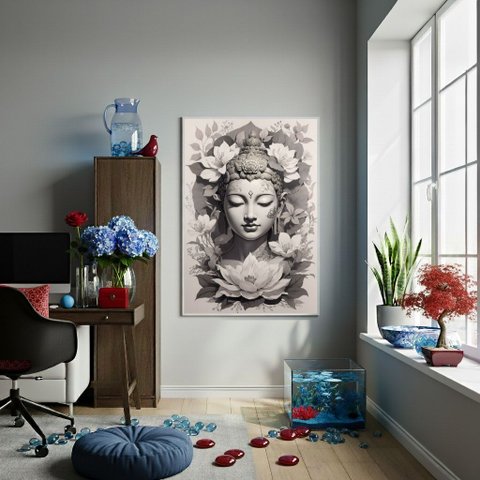 Quadro Decorativo Dourada Buda Cinza - 70x50cm:moldura Branca