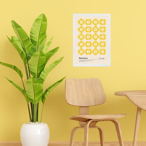 Quadro Bauhaus Amarelo - Flores 33x24cm:moldura Preta