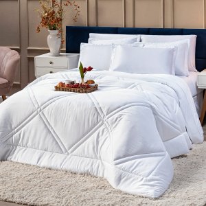 Kit Edredom Eternity Bamboo Branco com Fronhas Casal Padrão 03 Peças - Dupla Face Tecido Liso Percal