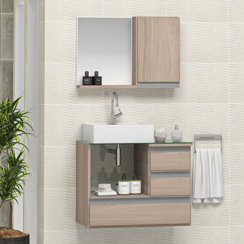 Conjunto Gabinete Banheiro POLO 60cm Madeirado Inteiro - Gabinete + Cuba + Espelheira + Tampo Vidro