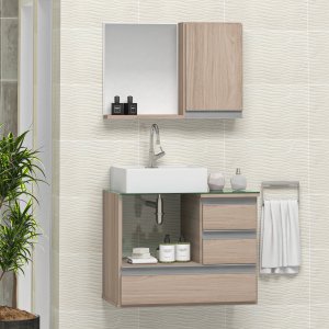 Conjunto Gabinete Banheiro POLO 60cm Madeirado Inteiro - Gabinete + Cuba + Espelheira + Tampo Vidro