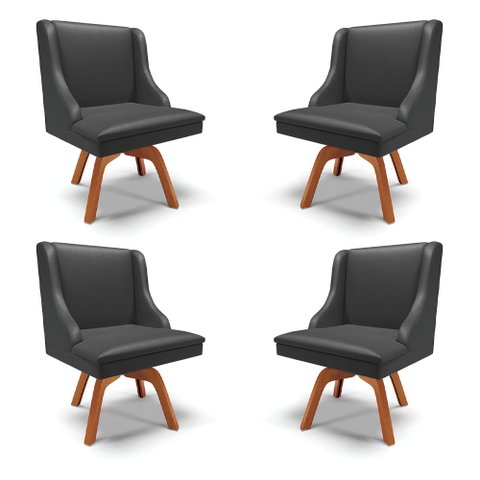 Kit 4 Cadeiras Decorativas Sala de Jantar Base Giratória de Madeira Firenze PU Preto Fosco/Natural G