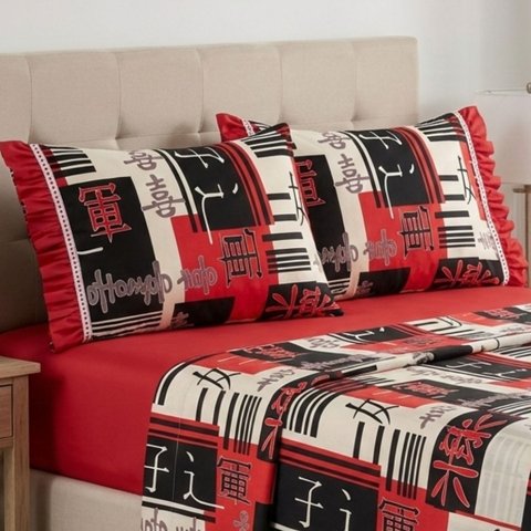 Jogo de Lençol Cama King 4 Peças 100% Algodão Percal 180 Fios Babadinho:oriental Vermelho