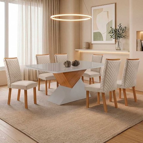 Mesa de Jantar Aster 180cm Tampo MDF e Vidro Canto Copo com 6 Cadeiras Lira Moderna