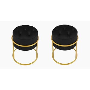 Kit 2 Puff Banqueta Estofado Decorativo Base de Ferro Capitonê Suede Preto Eli Móveis e Decoração