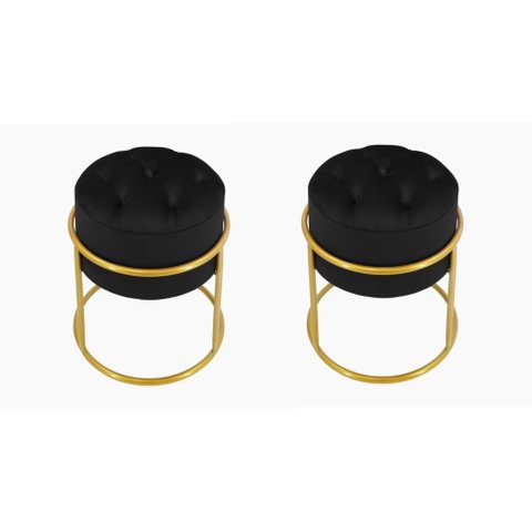 Kit 2 Puff Banqueta Estofado Decorativo Base de Ferro Capitonê Suede Preto Eli Móveis e Decoração