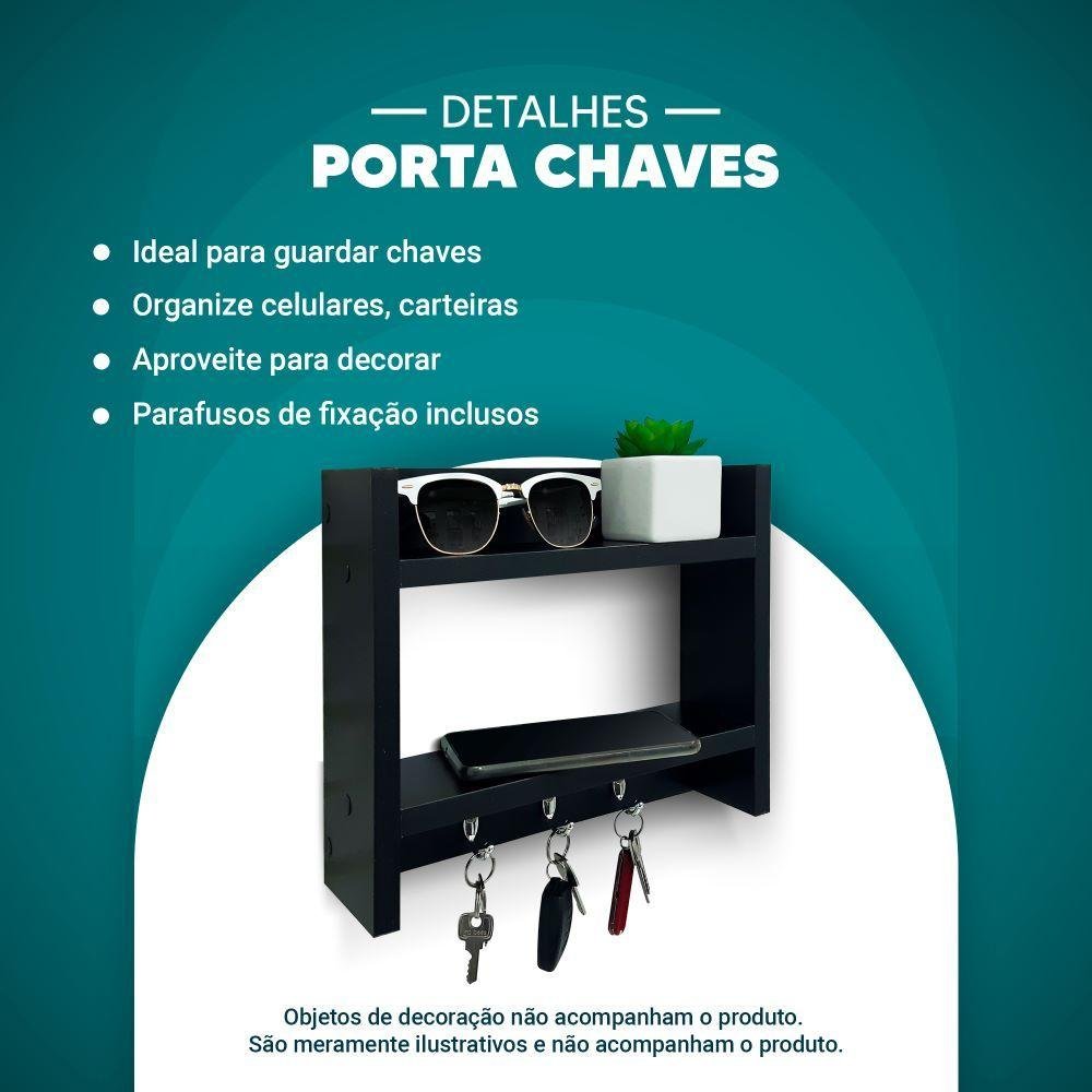 Porta Chaves de Parede com Suporte Carteira Celular Madeira Preto - 4