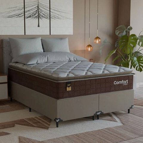 Cama Box Casal Bipartido + Colchão Comfort Class Pillow Top Marrom/suede Bege
