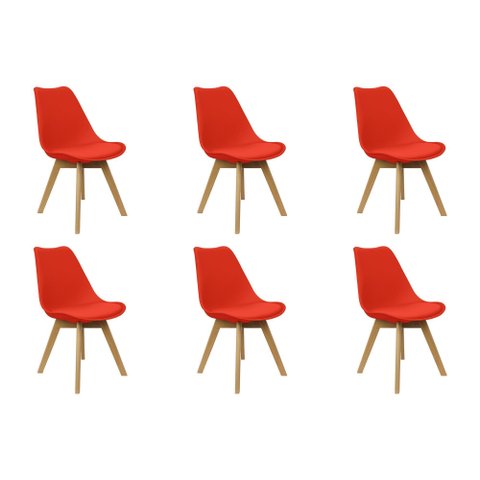 Kit 6 Cadeiras Charles Eames Leda Luisa Saarinen Design Wood Estofada Base Madeira - Vermelha Vermel