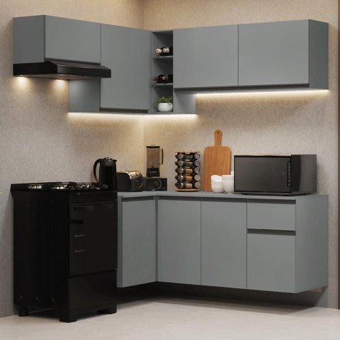Armário de Cozinha Completa de Canto Suspenso 325cm Nice Madesa 05 Cinza