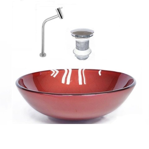 Cuba de Vidro Redonda 42cm Vermelho + Válvula + Torneira Cromada