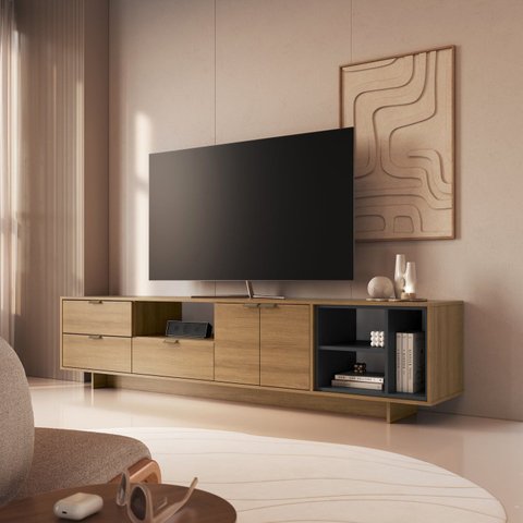Rack para TV até 65 Polegadas 220cm com Nichos 3 Gavetas Frame Mel/Grafite