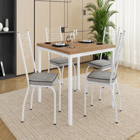 Conjunto Sala de Jantar Mesa Quadrada 90cm Tampo BP com 4 Cadeiras Adriana Branco/Grafiato/Demolição