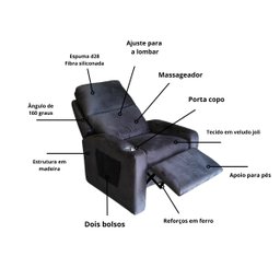 Poltrona Papai com Porta Copo Reclinável Massageador Veludo:cinza Claro - 3