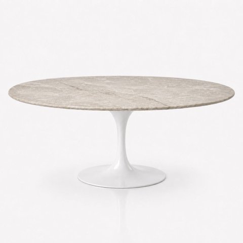 Mesa de Jantar Saarinen Oval 180x100 cm Tampo Quartzito Taj Mahal e Base Laca Branca