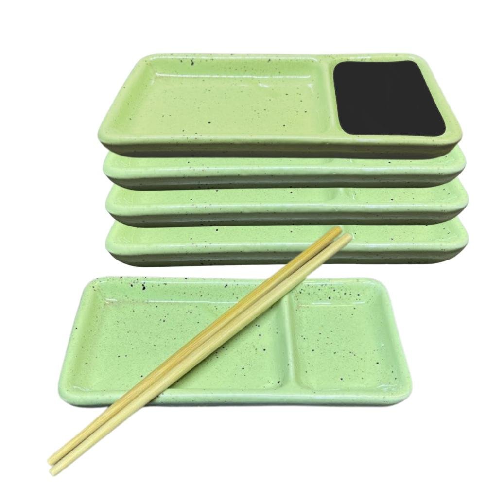 Kit 12 Pratos para Sushi com Divisória Shoyu em Porcelana Verde Mesclado - 1