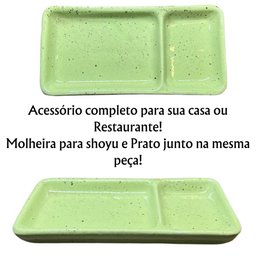 Kit 12 Pratos para Sushi com Divisória Shoyu em Porcelana Verde Mesclado - 2