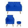 Kit Sofá 2 Lugares e Poltrona Para Sala Bianca Capitonê Rodapé e Puff Redondo Corino Azul Royal - 1