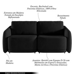 Sofá Cama Modulado Retrátil e Reclinável Decorativo Varsóvia 216cm Veludo Preto G33 - Gran Belo - 4