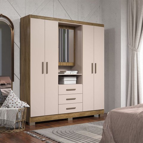 Guarda-roupa Casal com Espelho e Portas Ocultas 4 Portas 3 Gavetas Mdp Corrediças Telescópicas