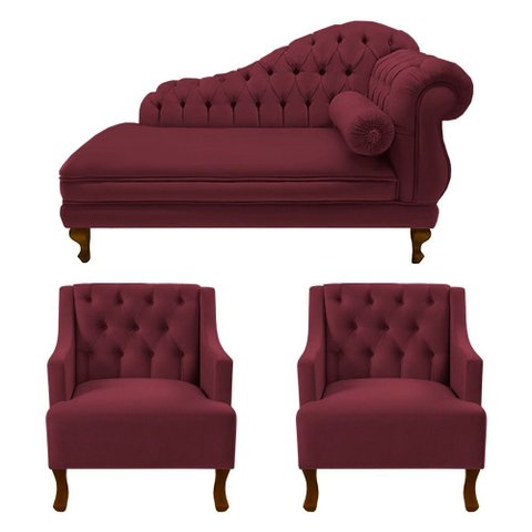Divã Larissa 150 cm Esquerdo de Quem Senta e 2 Poltronas Genesis Suede Vermelho Bordo
