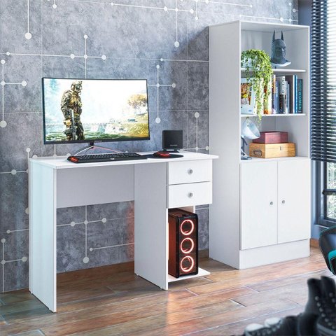 Kit Mesa Escritório Gamer e Armário 2 Portas Moderno 2 Gavetas MDP Branco Qmovi