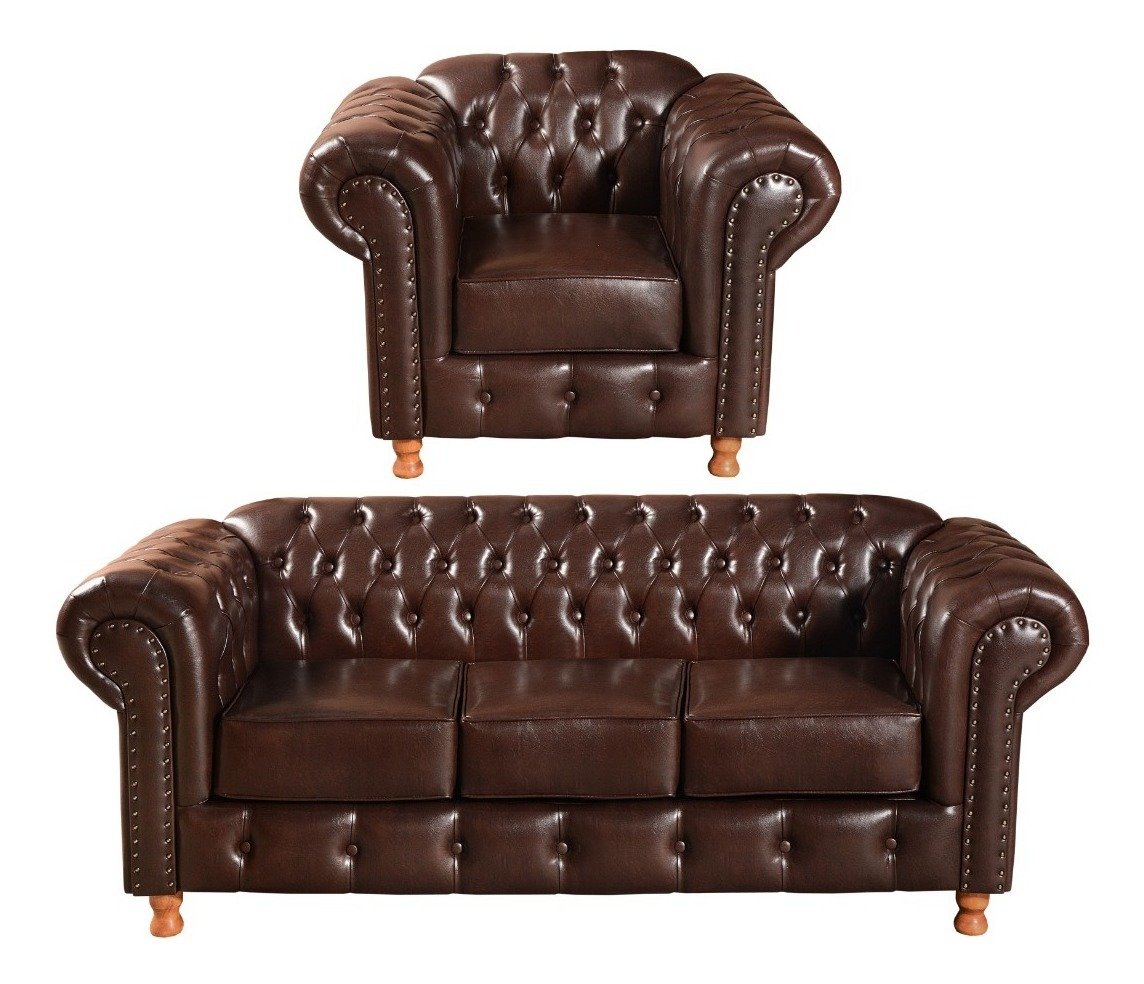 Conjunto Sofá Luís Xv 3 Lugares E Poltrona Chesterfield Capitonê - Couríssimo Marrom Café