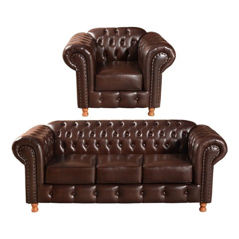 Conjunto Sofá Luís Xv 3 Lugares E Poltrona Chesterfield Capitonê - Couríssimo Marrom Café
