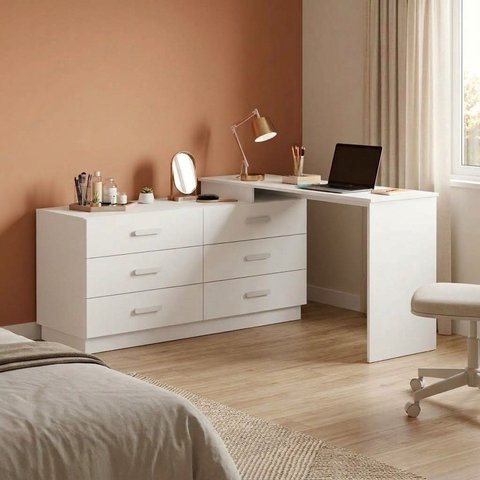 Mesa em L Home Office 6 Gavetas com Cômoda e Corrediças Telescópicas 276x73,5x43,5cm Branco
