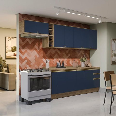 Armário de Cozinha Completa 100% Mdf 300cm Nogueira/azul Profundo Celeste Kappesberg