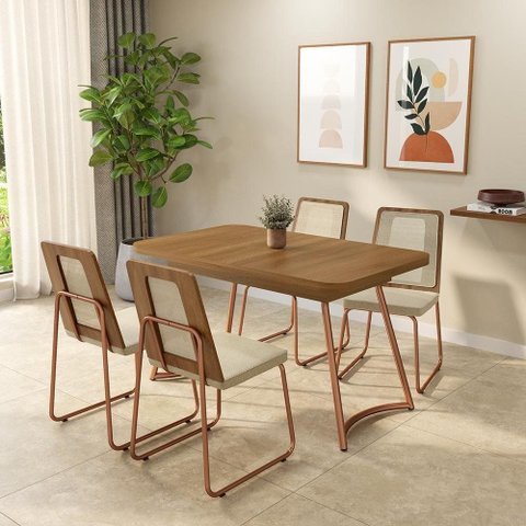 Conjunto Sala de Jantar Noa 4 Lugares Tampo MDP Rosê 130cm Móveis Carraro