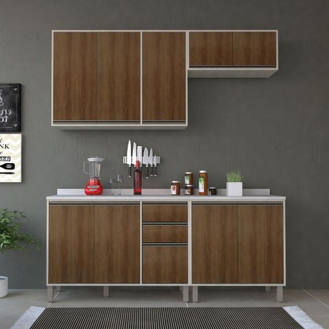 Armário de Cozinha Compacta 4 Peças 200cm Linea com Balcões Cor:avelã