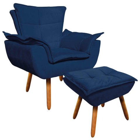 01 Poltrona com 01 Puff Opala Suede Azul Marinho Pés Palito